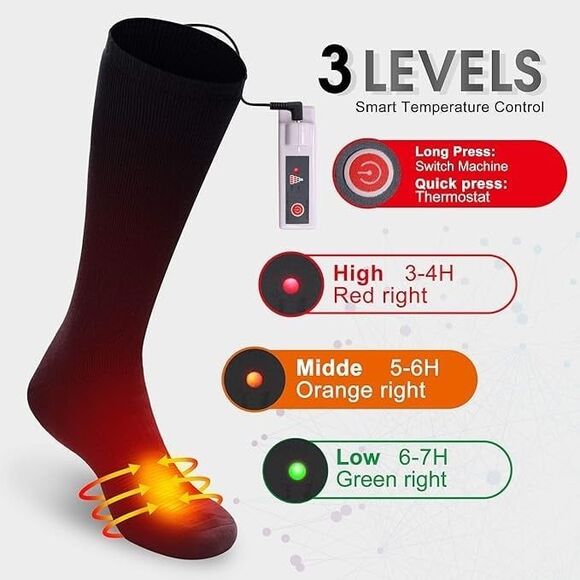 Heated Electric Socks Unisex Winter Warm Thermal Socks Skiing Hiking Camp Black - Picture 5 of 11